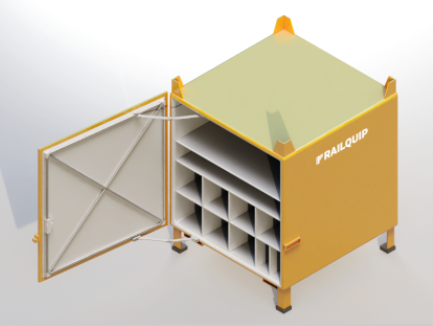 3D model of rerailing equipment containers, showcasing their design and layout for securely storing and organizing tools and machinery used in train recovery and track maintenance.